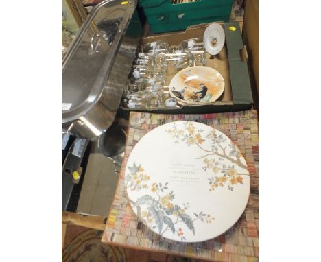 A TRAY OF CERAMICS AND GLASSWARE TO INCLUDE A ROYAL WORCESTER HAND PAINTED BLUE TIT DISH, LAURA ASHLEY CAKE STAND ETC TOGETHE