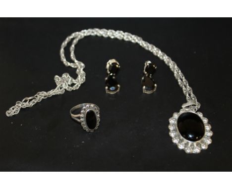 A SILVER AND JET EFFECT RING, NECKLACE AND EARRINGS APPROX WEIGHT - 35.5G 