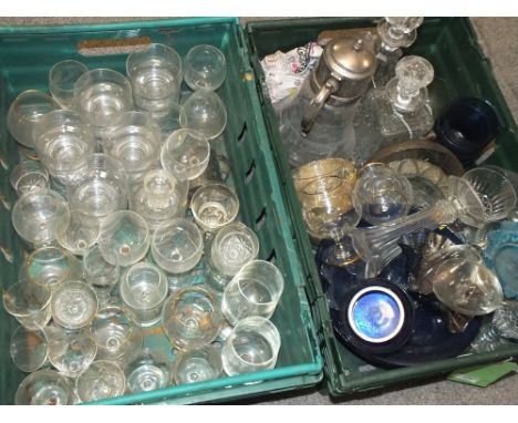 TWO TRAYS OF ASSORTED GLASSWARE, to include decanters, Bristol blue glass, boxed set of vintage cars glasses etc. (Qty)