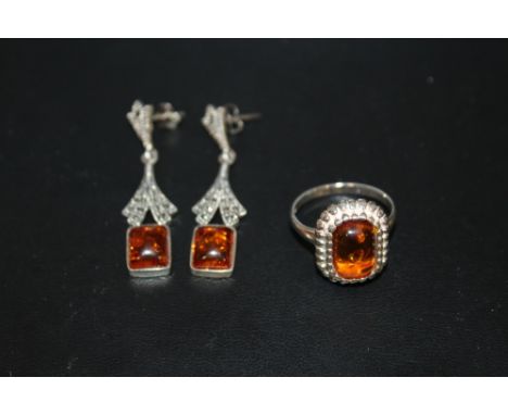 A SILVER AND AMBER STYLE RING AND EARRINGS APPROX WEIGHT - 9.5G 