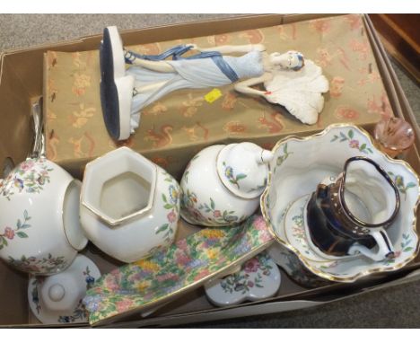 A TRAY OF AYNSLEY PEMBROKE CERAMICS, COALPORT RESIN FIGURE, BOXED VINTAGE DOLL ETC