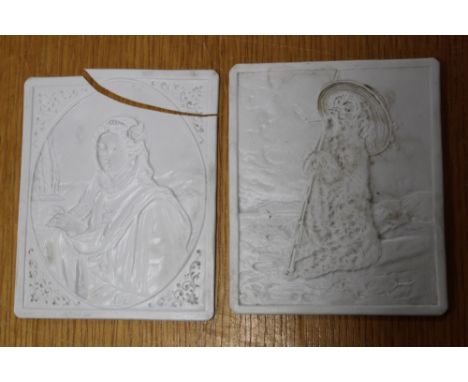 TWO SMALLER PORCELAIN LITHOPHANE PLAQUES/ PANELS DEPICTING A PORTRAIT STUDY OF A LADY AND A NOVELTY DOG EXAMPLE  (ONE BROKEN)