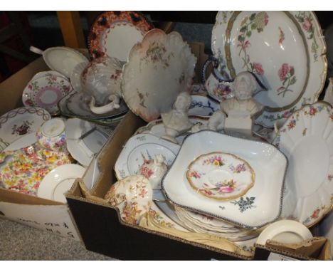 TWO TRAYS OF ASSORTED CERAMICS TO INCLUDE SPODE, ROYAL DOULTON, MATT FINISH BUSTS ETC