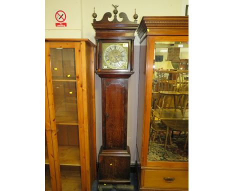 AN ANTIQUE OAK BRASS FACED LONGCASE CLOCK BY FRANCE OF WARRINGTON, EIGHT DAY MOVEMENT WITH TWIN WEIGHT / PENDULUM H-230 CM