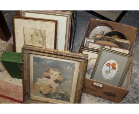 TWO SMALL BOXES OF PICTURES AND FRAMES TO INCLUDE MINIATURE FRAMES, TOGETHER WITH A FRAMED PENCIL SKETCH OF A GARDEN SCENE SI