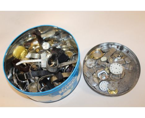 A TIN OF VINTAGE WRISTWATCHES TO INCLUDE SEKONDA AND TIMEX EXAMPLES, TIN OF PARTS ETC. 