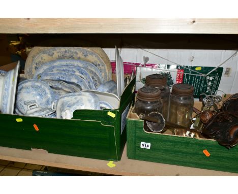 TWO BOXES OF BLUE AND WHITE DINNERWARE TOGETHER WITH METAL DOOR HANDLES, to include two sets of Arts &amp; Crafts style drawe