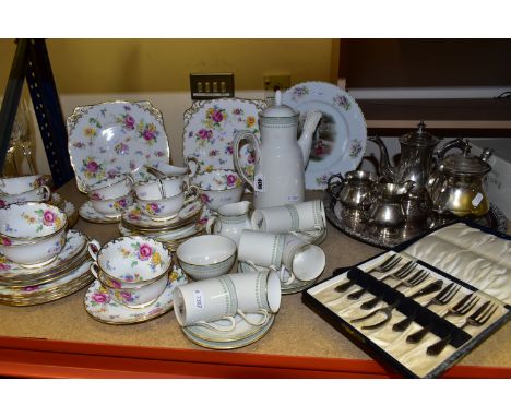 A NEW CHELSEA PORCELAIN TEA SET, A ROYAL DOULTON 'BERKSHIRE' COFFEE SET, AND SILVER PLATE TEA WARES, comprising six coffee ca