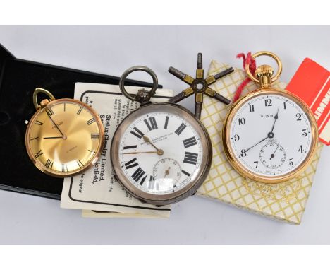 A SILVER OPEN FACE POCKET WATCH, AND TWO GOLD PLATED POCKET WATCHES, the first a key wound open face pocket watch, round whit