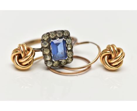 A GEM SET RING, STUD EARRINGS AND A PAIR OF SLEEPER HOOPS, the ring designed as a cluster set with a central blue sapphire in
