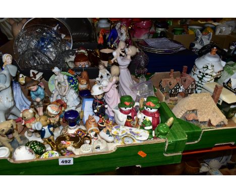 THREE BOXES AND LOOSE CERAMICS AND GLASSWARES, to include four David Winter Cottages: Ebenezer Scrooge's Counting House, a sp