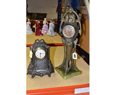A FRENCH ART NOUVEAU MANTEL CLOCK TOGETHER WITH A 19TH CENTURY FRENCH MANTEL CLOCK, the smaller clock is rubbed and applied g