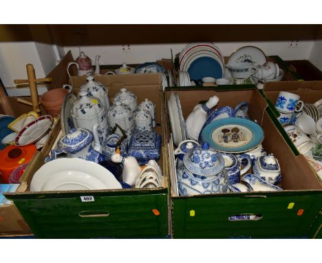 SIX BOXES OF ASSORTED CERAMICS, to include a Spode 2000 Millenium collector's plate, T.C blue and white kitchen cannisters, C