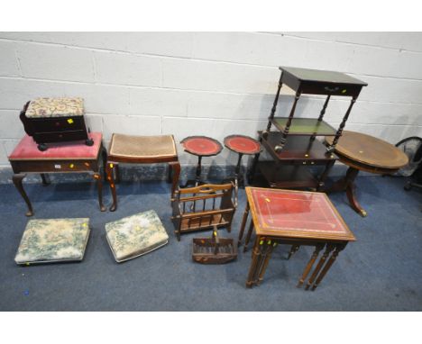 A SELECTION OF OCCASIONAL FURNITURE, to include a two dressing stools (one Sd) a circular lamp table, two lamp tables, pair o