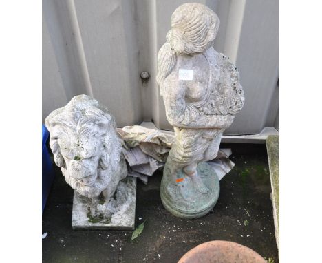 TWO COMPOSITE GARDEN FIGURES comprising of a seated lion 56cm high and a Grecian flower girl 78cm high