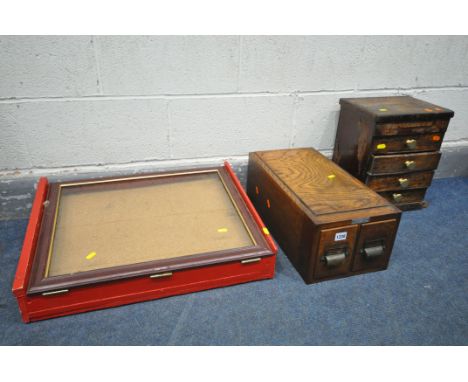 A VINTAGE OAK TWO DRAWER INDEX CABINET, with a plaque reading 'The midland Woodworkers Ltd, Birmingham', width 26cm x depth 5