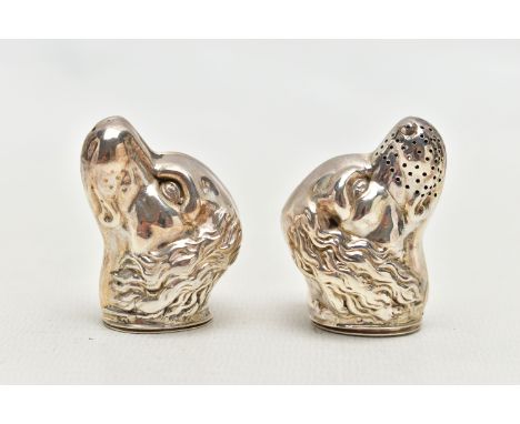 A PAIR OF NOVELTY SILVER PEPPERETTES, each in the form of a spaniel dog head, removeable flat bases for filling, hallmarked '