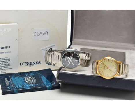 A GENTS 'LONGINES' AND AN 'AVIA' WRISTWATCH, stainless steel Longines chronograph, round black dial signed 'Longines', baton 