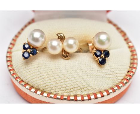 A 9CT GOLD PEARL RING AND PEARL EARRINGS, two cultured pearls set upon a thin yellow gold band, approximate pearl width 6mm, 