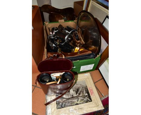 A BOX AND LOOSE SUNDRY ITEMS ETC, to include pair of Carl Zeiss Jenoptem 7x50 binoculars with leather case, Flammarion 'Terre