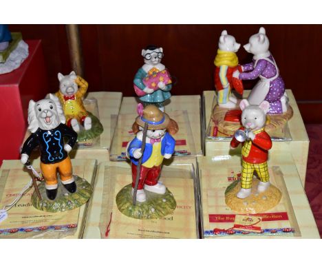 SIX BOXED ROYAL DOULTON RUPERT BEAR FIGURES AND FIGURE GROUPS, comprising Going Out Late RB18, Rupert's Silver Trumpet RB8 (g