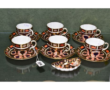 SIX ROYAL CROWN DERBY IMARI TEA CUPS AND SAUCERS, in the 1128 pattern, the cups are quatrefoil in form, red printed marks to 