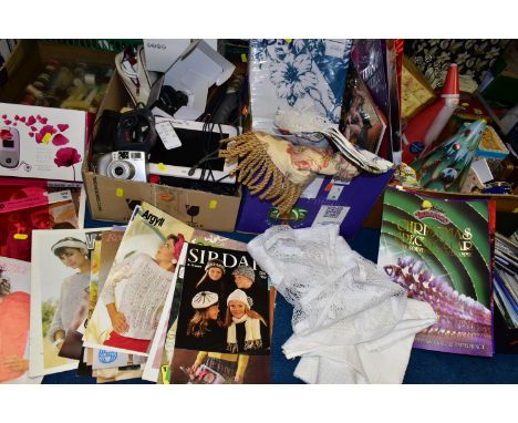 SEVEN BOXES OF HOUSEHOLD SUNDRIES, to include an unused double duvet set still in packaging, crocheted doilies, a box of post
