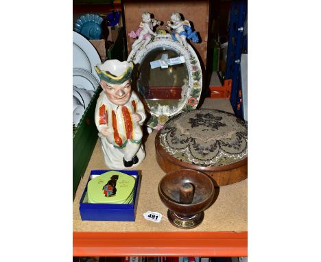 A SITZENDORF PORCELAIN APPLIED ROSES AND CHERUBS STANDING BOUDOIR MIRROR, with a folding wooden easel on the back (cherubs ha
