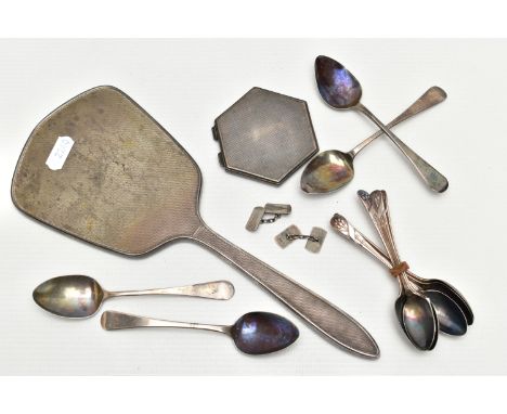 SILVER TEASPOONS, VANITY MIRROR AND A COMPACT AND A PAIR OF CUFFLINKS, to include four Georgian old English pattern teaspoons