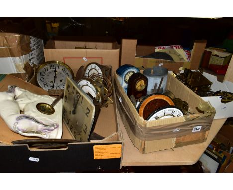 FIVE BOXES OF ASSORTED FRENCH AND ENGLISH CLOCK PARTS, to include movements for wall and mantel clocks including four Garrard