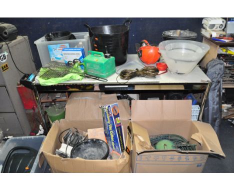 A QUANTITY OF HOUSEHOLD AND GARDEN ITEMS including barbecue tools, buckets, bird houses, a tile cutter, an untested Black and