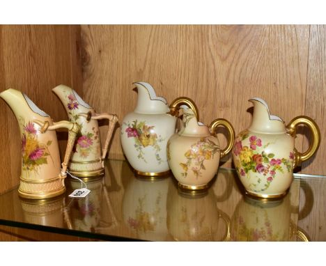 FIVE ROYAL WORCESTER BLUSH IVORY JUGS, each printed and tinted with flowers, with printed purple mark to the base, and date c