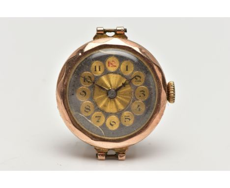 A 9CT ROSE GOLD WATCH HEAD, manual wind, round bi-colour silver and gold dial, Arabic numerals, worn blue steel hands, non-ru