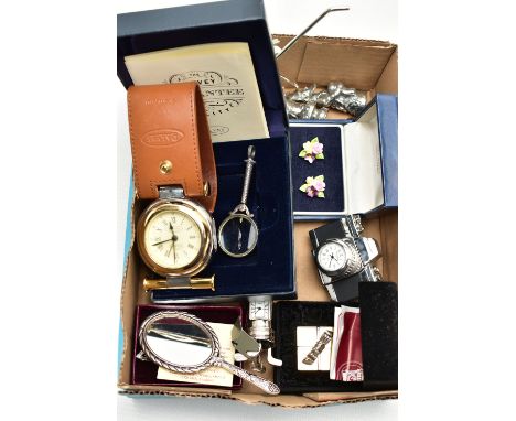 A BOX OF MISCELLANEIOUS ITEMS, to include a silver gilt masonic medal with ribbon, decorated with green and white enamel, hal