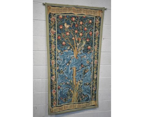 A 20TH CENTURY WALL TAPESTRY, depicting the tree of life, held by a telescopic metal pole, width 89cm x height 173cm