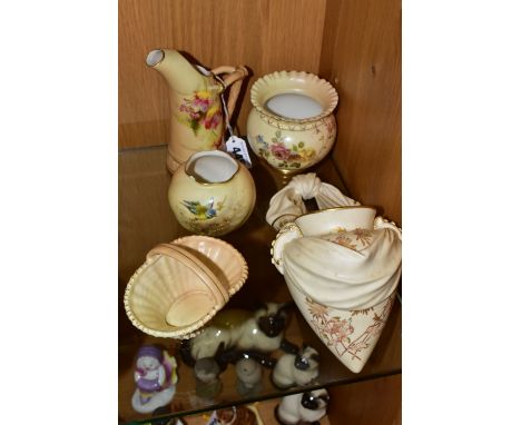 FIVE PIECES OF ROYAL WORCESTER BLUSH IVORY PORCELAIN, comprising a wall pocket modelled as a swag tied amphora shaped vase, p