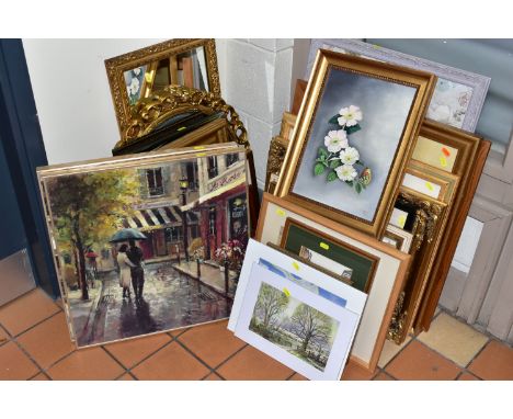 A SMALL QUANTITY OF PICTURES AND PRINTS ETC, to include two indistinctly signed oils on canvas, comprising a mountainous land