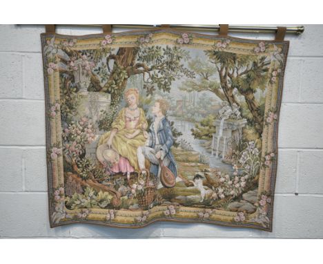 A FRANKLIN MINT JARDIN D'AMOUR TAPESTRY, by Marc Waymel, with gilt hanging rail, width 114cm x drop 90cm (condition:-good con