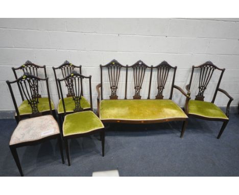 A LATE 19TH CENTURY MAHOGANY SIX PIECE SALON SUITE, with a pierced splat back, comprising a sofa, length 128cm, an armchair, 