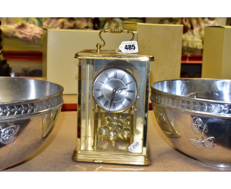 TWO PORTMEIRION ALUMINIUM BOWLS AND A BRASS MANTEL CLOCK, the bowls have the iconic Botanic Garden laurel leaf border and dec