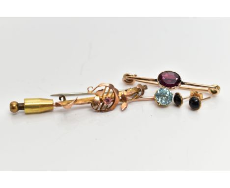 TWO BAR BROOCHES, A STICK PIN AND A PAIR OF STUD EARRINGS, to include an oval cut garnet bar brooch, collet set to a polished