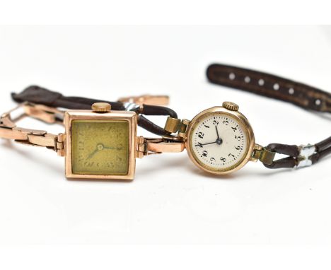 TWO 9CT GOLD WRISTWATCHES, the first a manual wind movement, discoloured square dial, Arabic numerals, blue steel hands, with