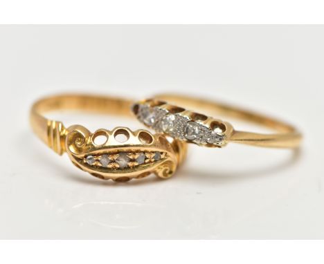 TWO EARLY 20TH CENTURY DIAMOND RINGS, the first set with five small rose cut diamonds, within an openwork scallop edge and sc