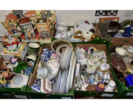 SIX BOXES AND LOOSE CERAMICS AND GLASSWARES, to include six boxed Willow Hall Teapot Collection novelty teapots in the form o