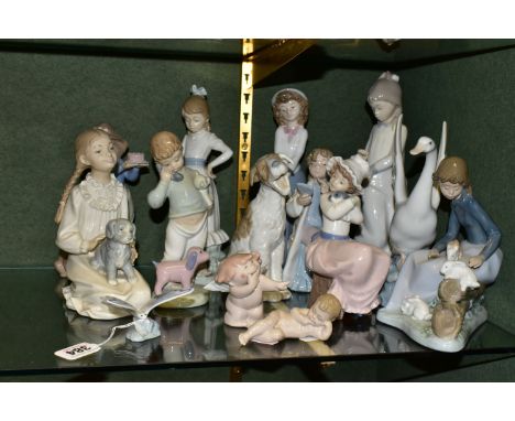 FOURTEEN NAO FIGURINES AND ANIMAL FIGURES, to include a seated girl with rabbits, a yawning dog, a boy with toy telephone, a 