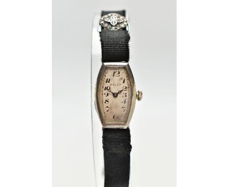 A LADIES 1920'S, 18CT WHITE GOLD ROLEX WRISTWATCH AND A 'MAPPIN &amp; WEBB' CASE, the watch with a curved rectangular case, w