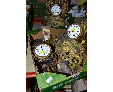 TWO GOLD SPELTER CLOCKS, comprising two large figural mantel clocks, one is missing its back feet, parts of another clock are