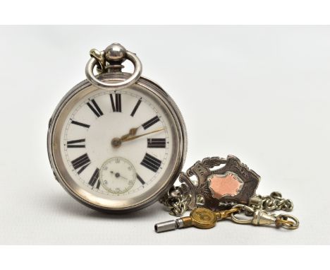 A SILVER OPEN FACE POCKET WATCH WITH ALBERT CHAIN AND FOB, key wound pocket watch featuring a white ceramic dial, Roman numer