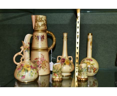 SIX PIECES OF ROYAL WORCESTER BLUSH IVORY PORCELAIN, all printed and tinted with floral sprays, comprising a jug of tapering 