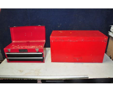 TWO METAL ENGINEERS TOOLBOXES one with three drawers, lift concealing storage, hinged front panel width 66cm depth 31cm heigh